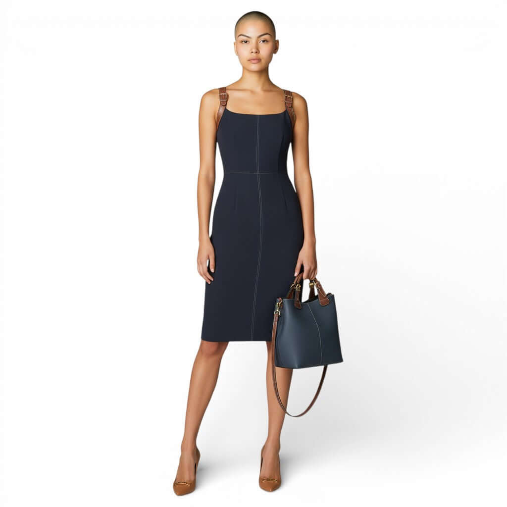 Model wearing a chic navy dress holding a luxury leather gifts handbag.