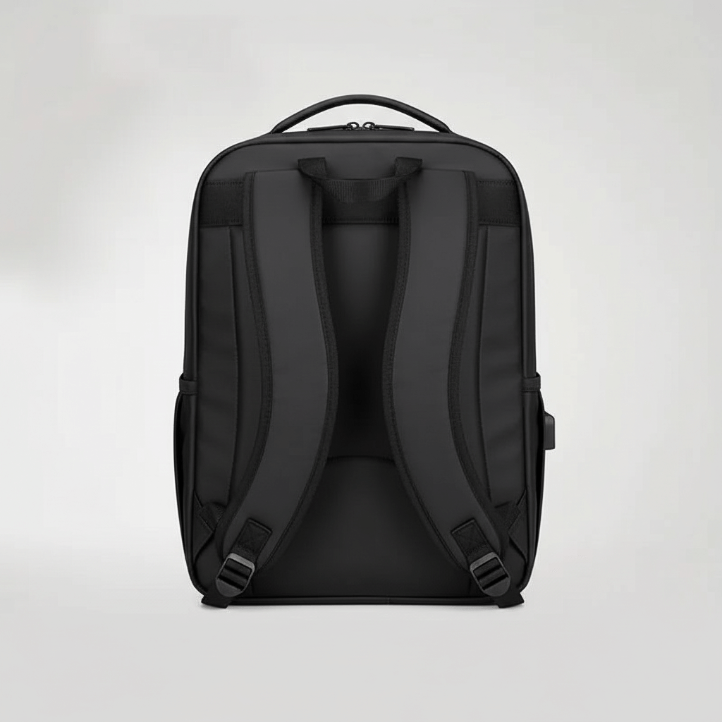 Black Backpack With USB Charging showing the back view and adjustable straps for comfort.