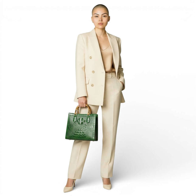 Crocodile Pattern Leather Women's Handbags Real Bamboo