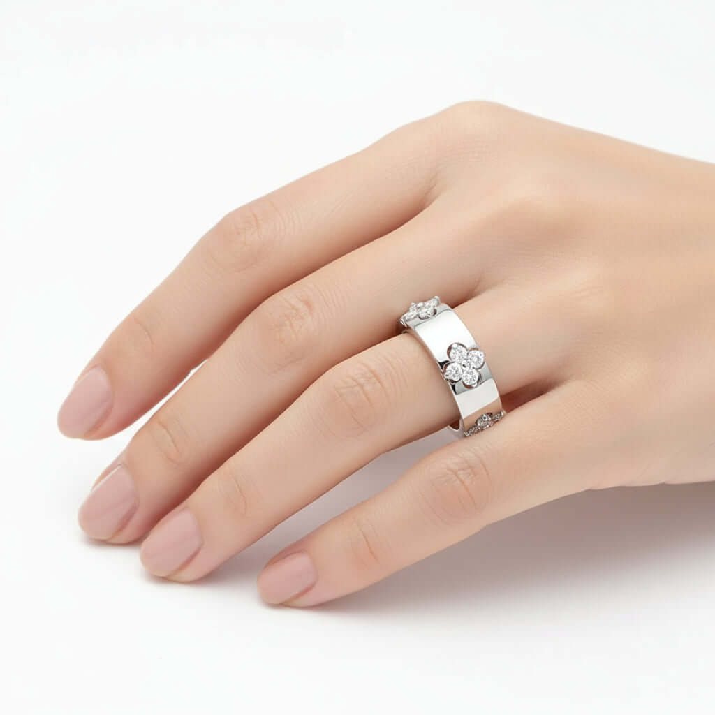 Moissanite Ring – 925 Sterling Silver worn on a woman's hand, showcasing elegant design and sophistication.