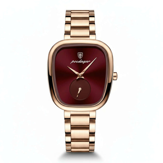 Wristwatch for Woman Waterproof Stainless Steel with unique design and elegant burgundy dial.