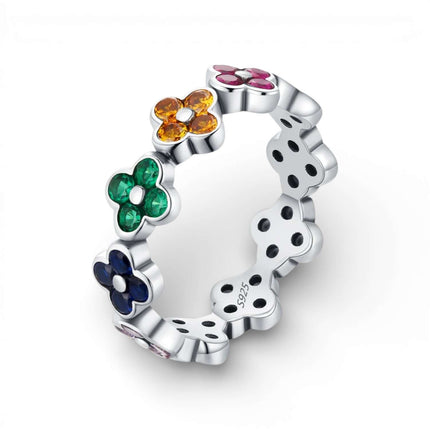 925 Sterling Silver Four-Leaf Clover Heart CZ Eternity Band – Stackable Fashion Ring