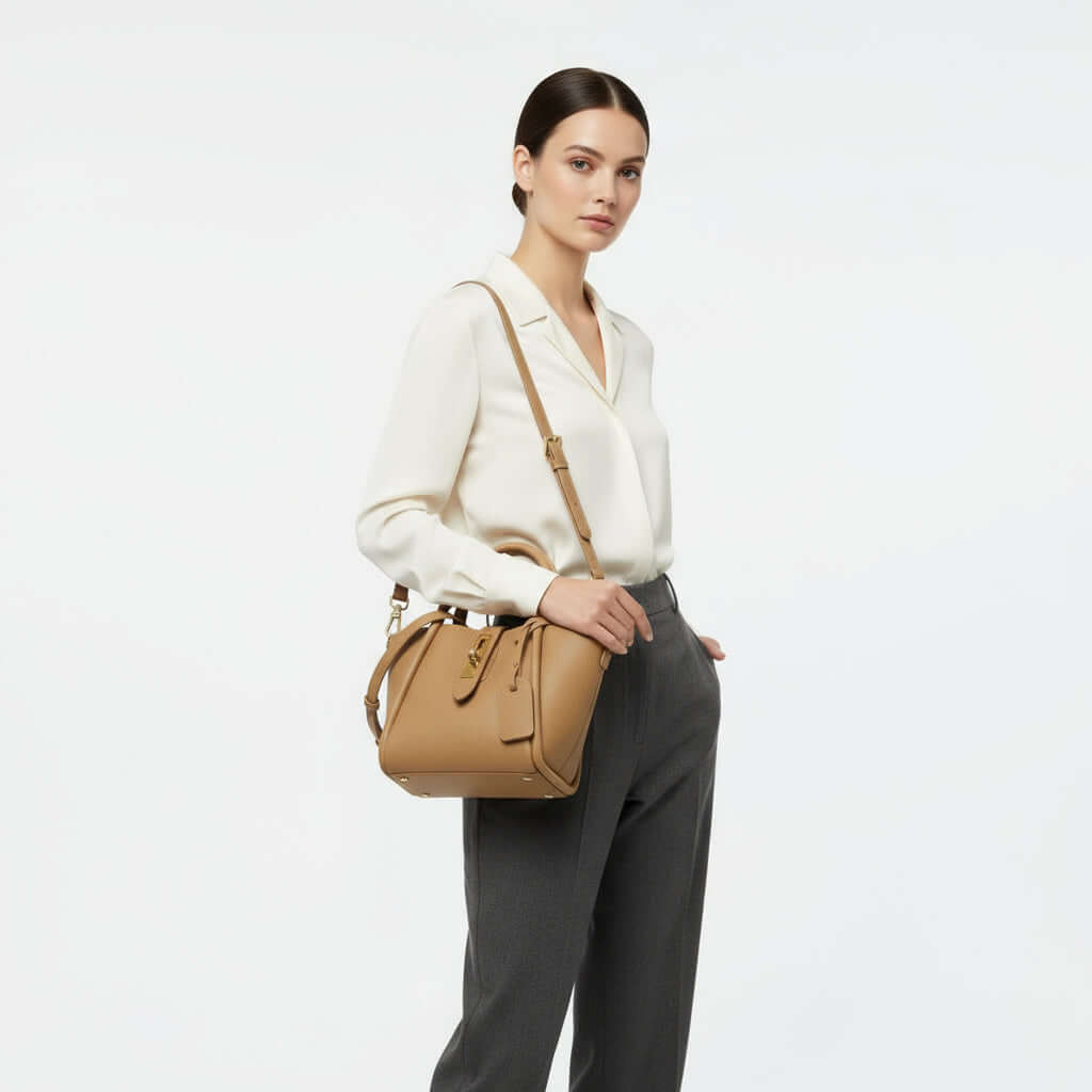 Stylish model wearing a Women's Genuine Leather Bucket Bag with a chic outfit, showcasing its elegant design.