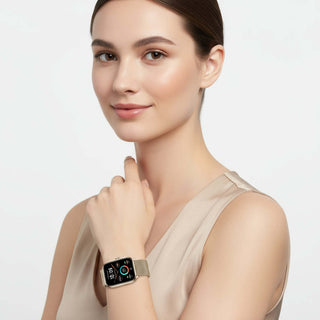 Smart Watch HD Screen Waterproof displayed on a woman's wrist, showcasing its stylish design and vibrant touchscreen.