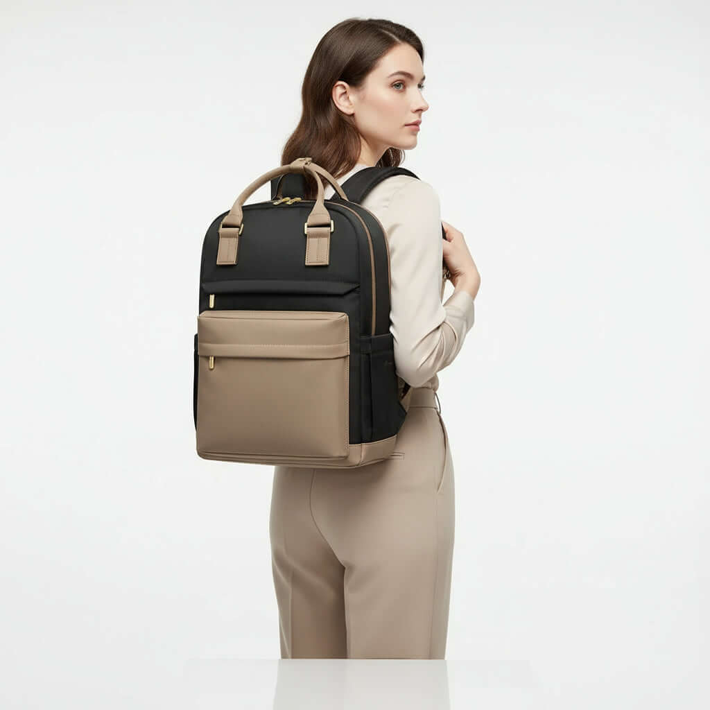 Woman wearing a stylish Unisex Travel Backpack, combining sleek design and comfort for work and travel.