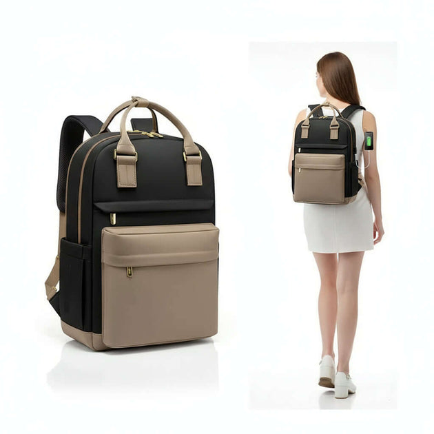 Unisex Travel Backpack displayed from front and back with ergonomic design and stylish color combination.
