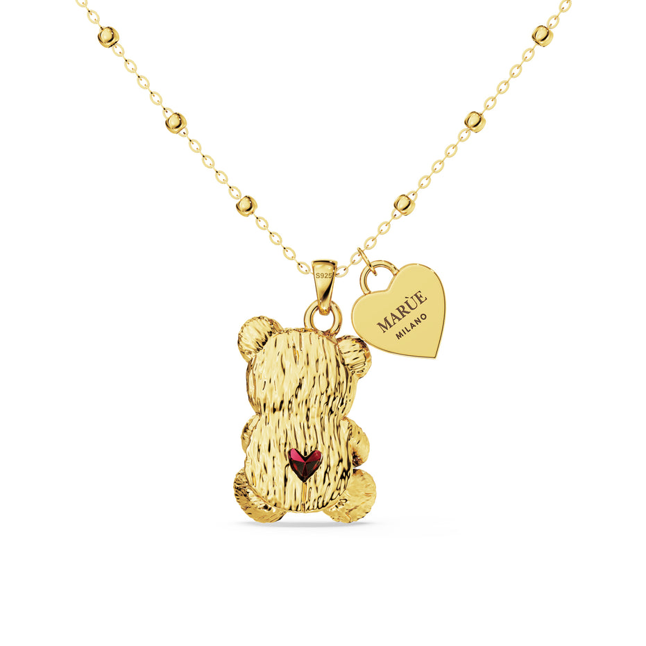 "Teddy Love" Necklace in 925 Silver Plated in 18K Gold with Ruby and Zircons