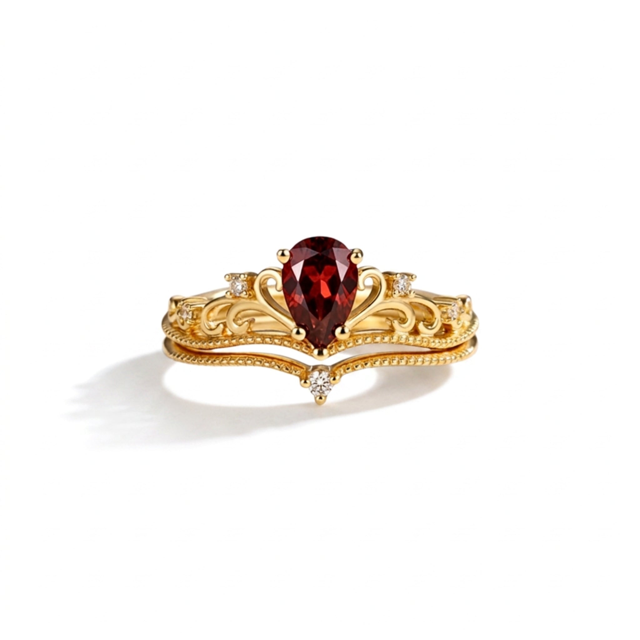 Anello Corona S925 Dorato con Granato Rosso a Goccia