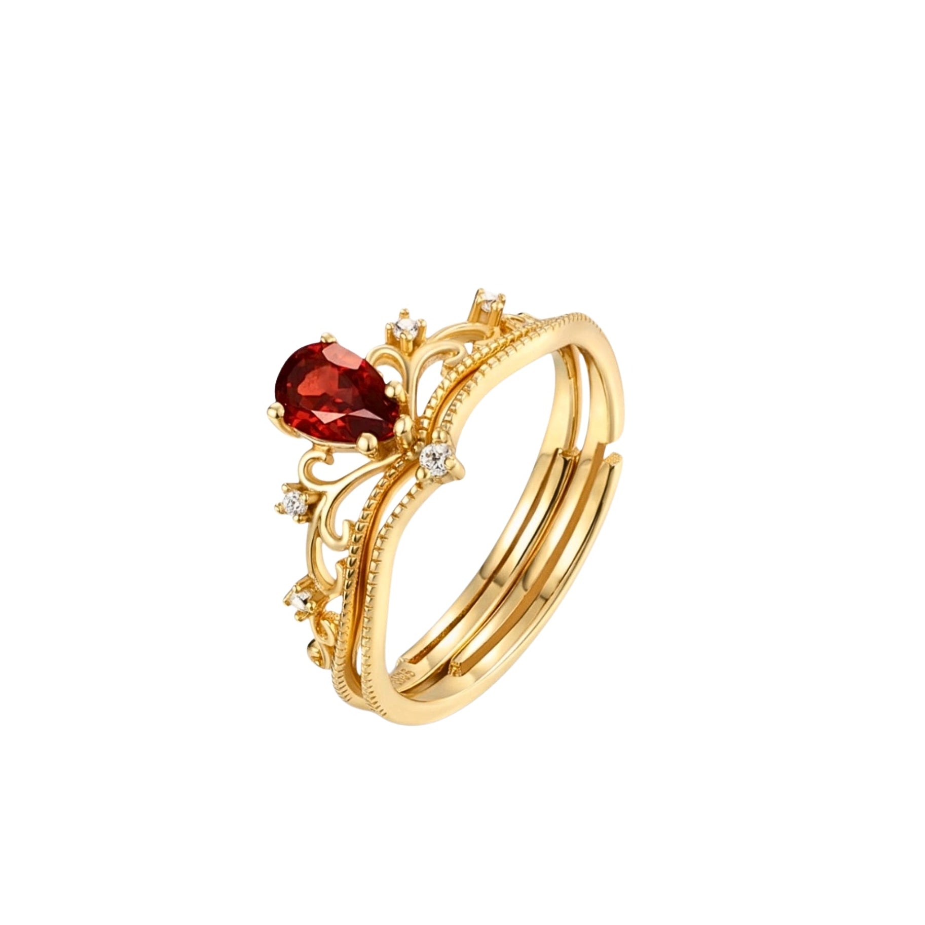 Anello Corona S925 Dorato con Granato Rosso a Goccia