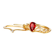 Anello Corona S925 Dorato con Granato Rosso a Goccia