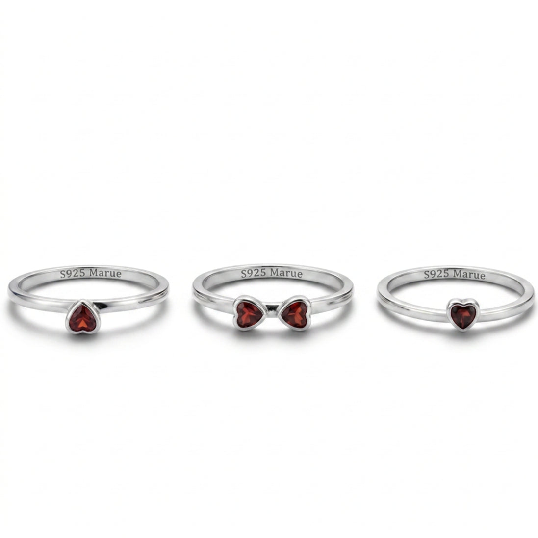 Four-Leaf Clover Ring Set with Red Garnet Hearts – 925 Silver
