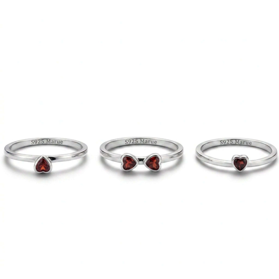 Four-Leaf Clover Ring Set with Red Garnet Hearts – 925 Silver
