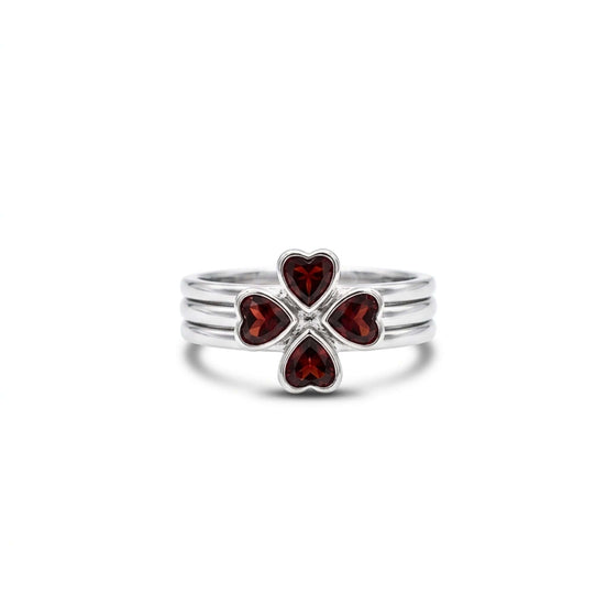 Set Anelli 3-in-1 Componibili in Argento 925 con Granato Rosso – Quadrifoglio Portafortuna