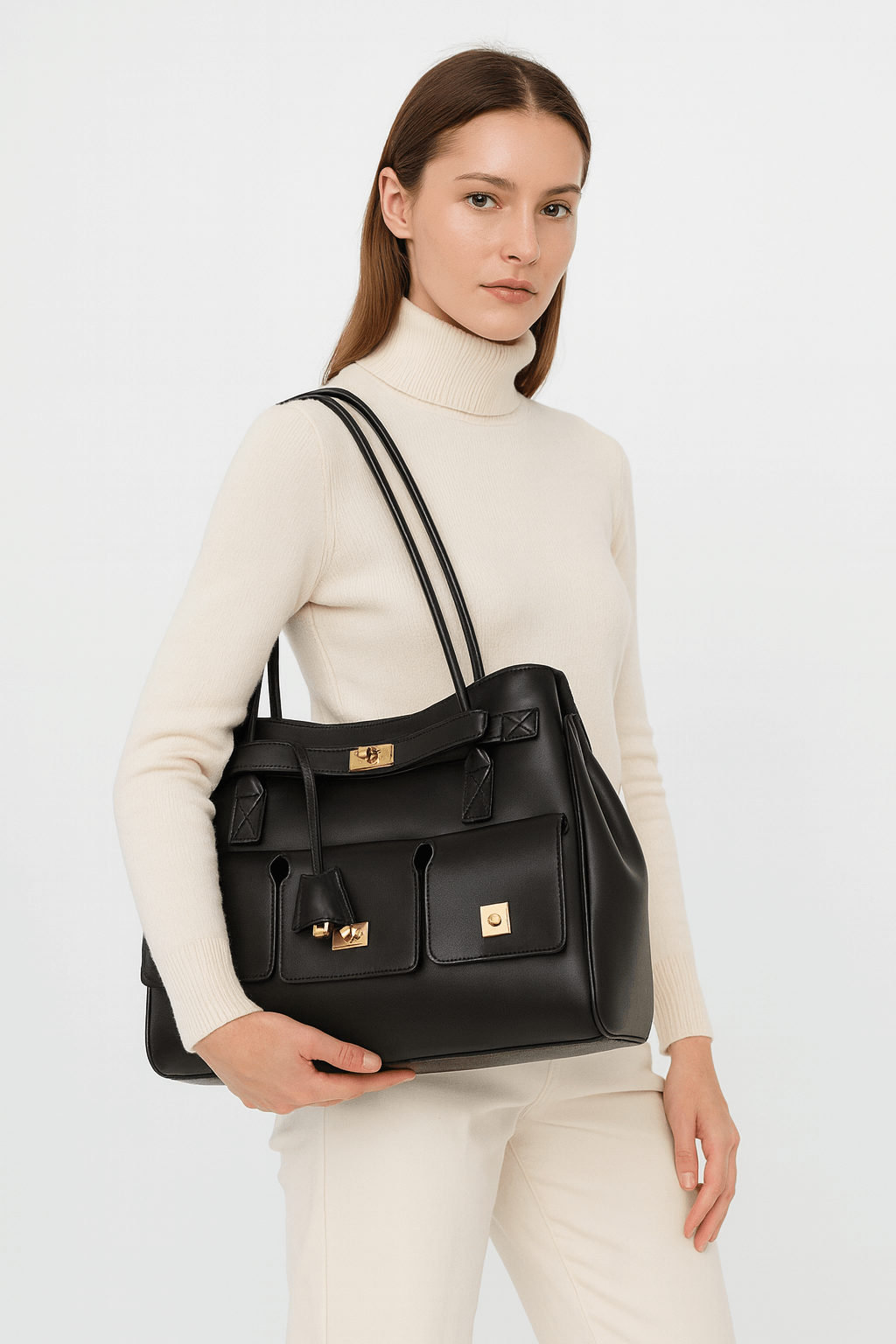 Shoulder bag with with a cosmetic bag shown on a model wearing a beige turtleneck, showcasing its elegant design.
