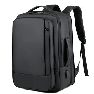 Black anti-theft USB charging backpack for men and women, sleek and durable for travel and daily use.