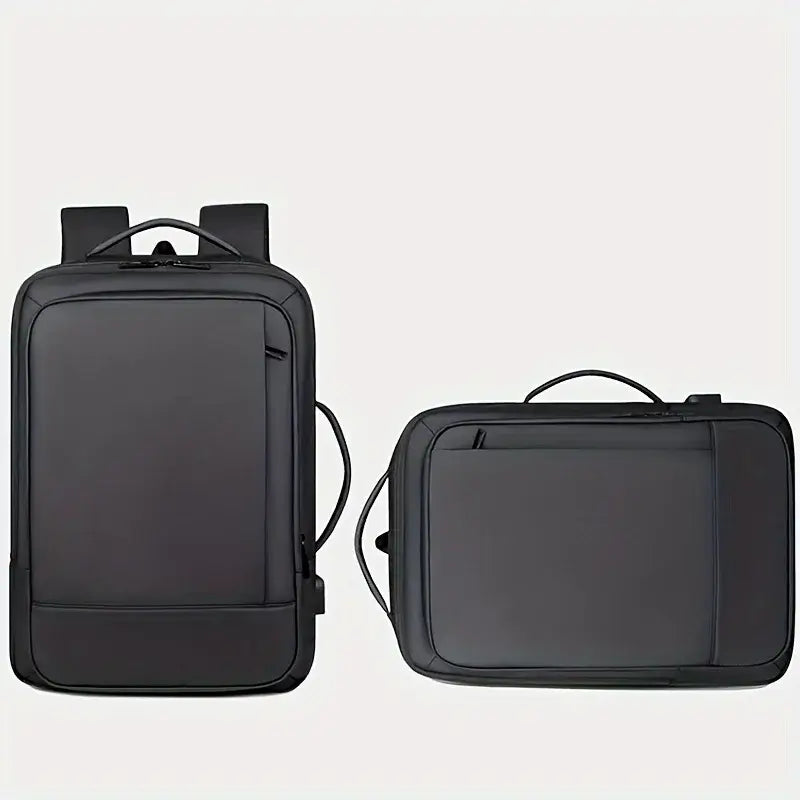 Black anti-theft USB charging backpack for men and women, foldable design, suitable for travel and daily commutes.