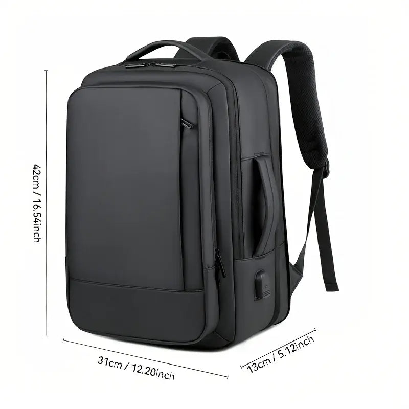 Black anti-theft USB charging backpack for men and women, lightweight and spacious, ideal for travel and daily use.