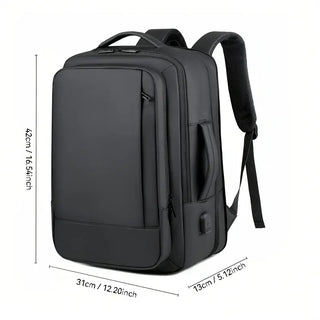 Black anti-theft USB charging backpack for men and women, lightweight and spacious, ideal for travel and daily use.