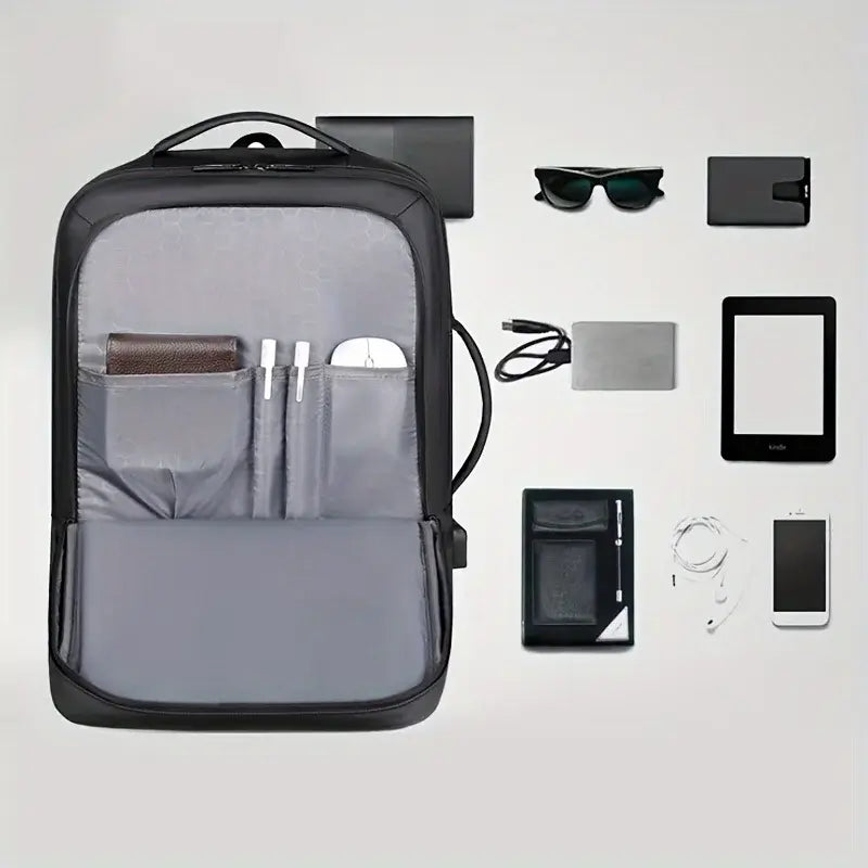 Black anti-theft USB charging backpack for men and women with organized compartments for gadgets and accessories.