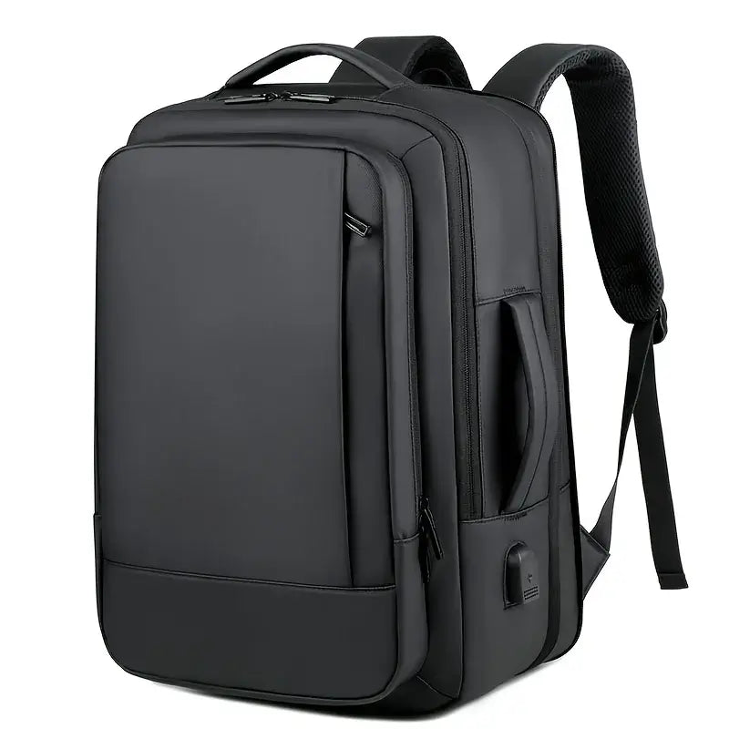 Black anti-theft USB charging backpack for men and women, durable and stylish for travel and commuting.