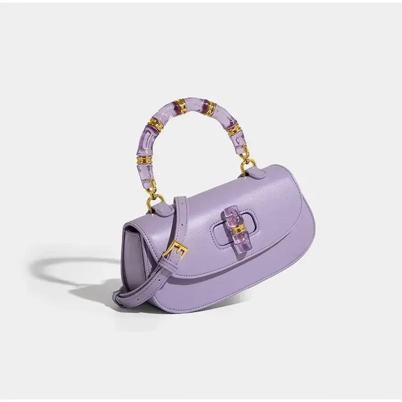 Purple women's handbag with clear bamboo handle, high-grade leather, one-shoulder retro style messenger bag.