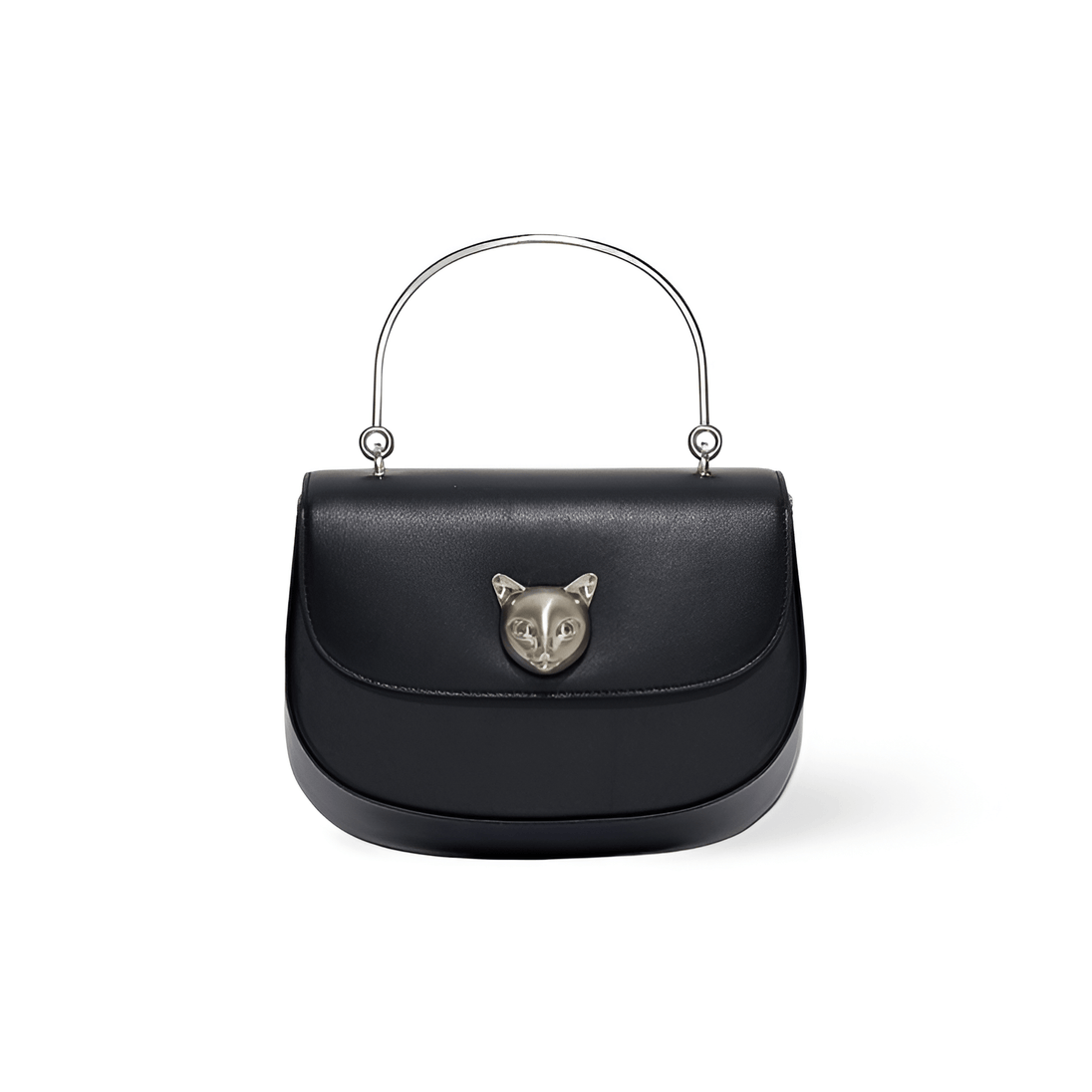Black leather women's handbag with silver top handle and fox emblem, stylish half-moon shape, perfect for everyday use.