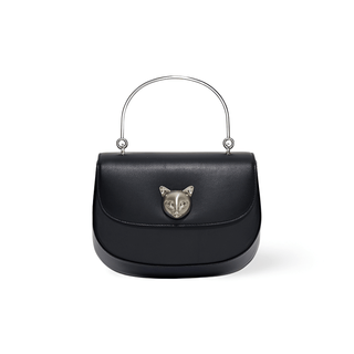 Black leather women's handbag with silver top handle and fox emblem, stylish half-moon shape, perfect for everyday use.