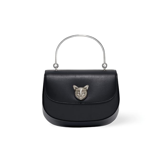 Black leather women's handbag with silver top handle and fox emblem, stylish half-moon shape, perfect for everyday use.