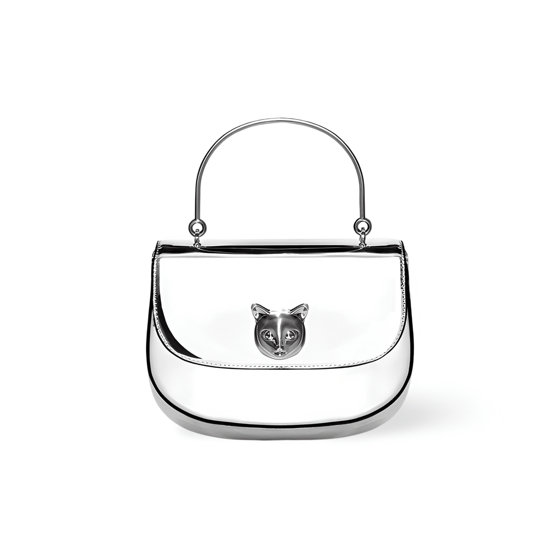 Black leather women’s handbag with silver top handle and fox emblem, featuring a stylish half-moon silhouette.