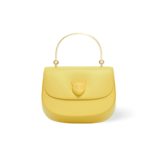 Yellow leather women's handbag with gold handle and cat emblem, featuring a chic flap design and stylish silhouette.