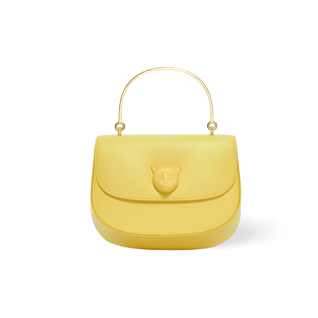 Yellow Leather Women’s Handbag with Gold Top Handle and Cat Emblem, Stylish and Chic