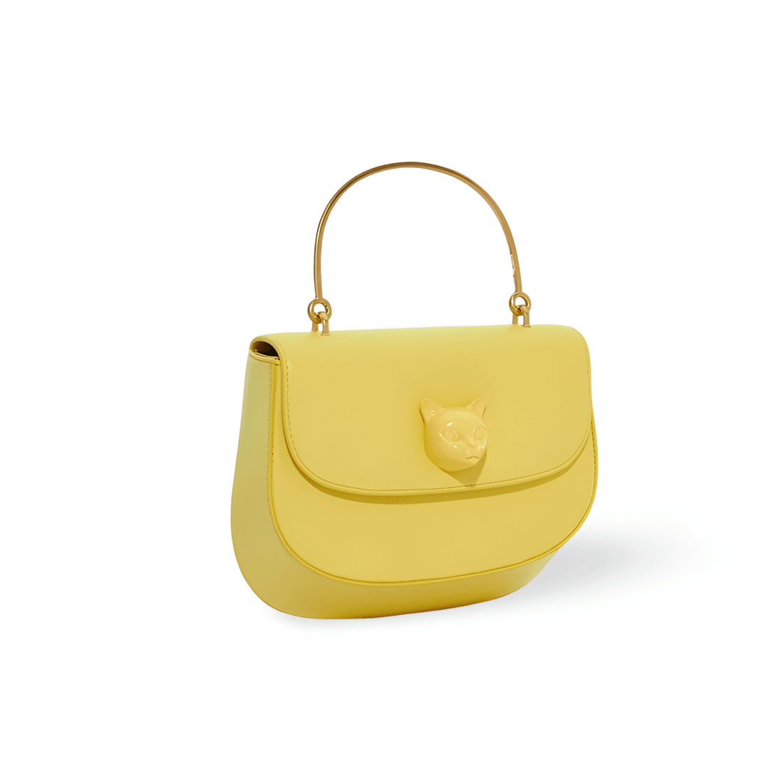 Yellow leather women’s handbag with a decorative fox emblem and gold top handle, stylish and practical for everyday use.