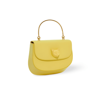 Yellow leather women’s handbag with a decorative fox emblem and gold top handle, stylish and practical for everyday use.