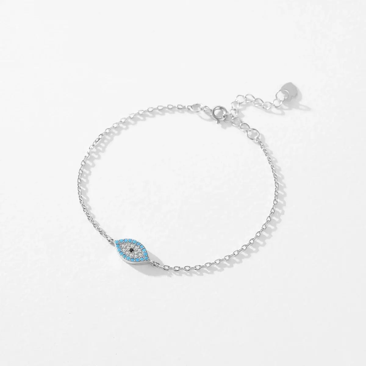 Bracelet 925 Sterling Silver with blue eye design and turquoise accents, adjustable and hypoallergenic.