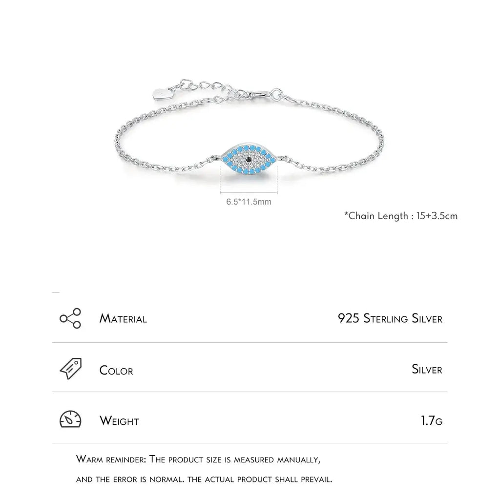 Bracelet 925 Sterling Silver with blue eye design and turquoise stone accents, adjustable fit and hypoallergenic.