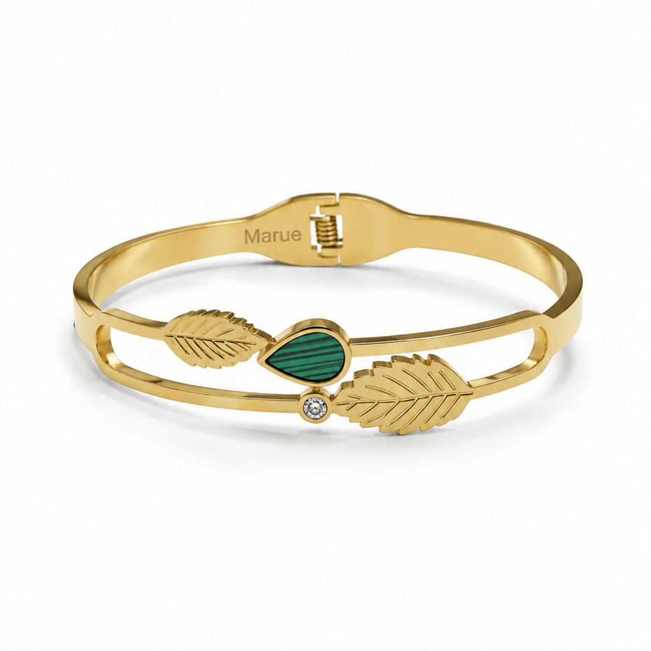 Gold Leaf Green Stone Cuff Bracelet