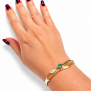 Bracciale Rigido Dorato in Acciaio Inox con Foglia e Pietra Verde