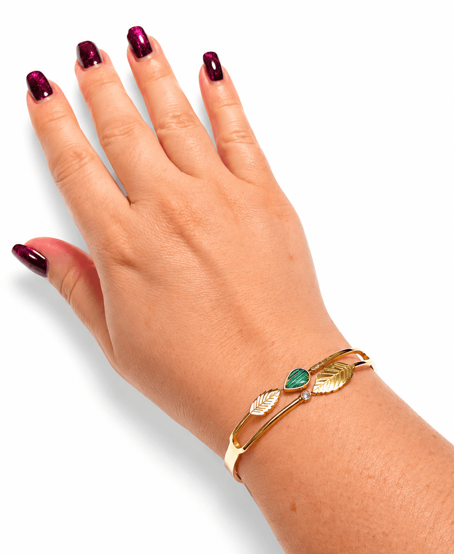 Gold Leaf Green Stone Cuff Bracelet