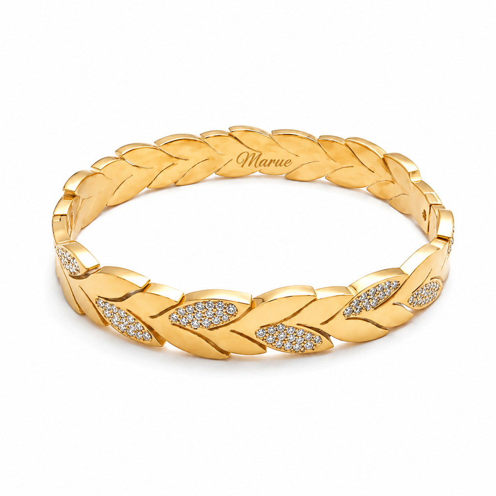 Bangle Gold-Plated Laurel Leaf with Crystal Pavé