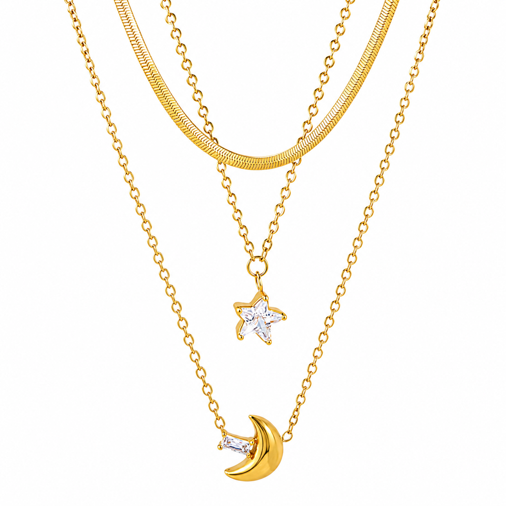 Celestial Moon & Star Layered Necklace – 18K Gold Plated Stainless Steel
