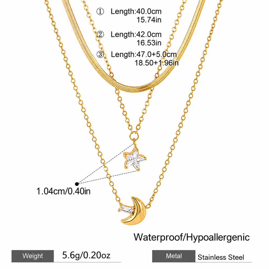 Celestial Moon & Star Layered Necklace – 18K Gold Plated Stainless Steel