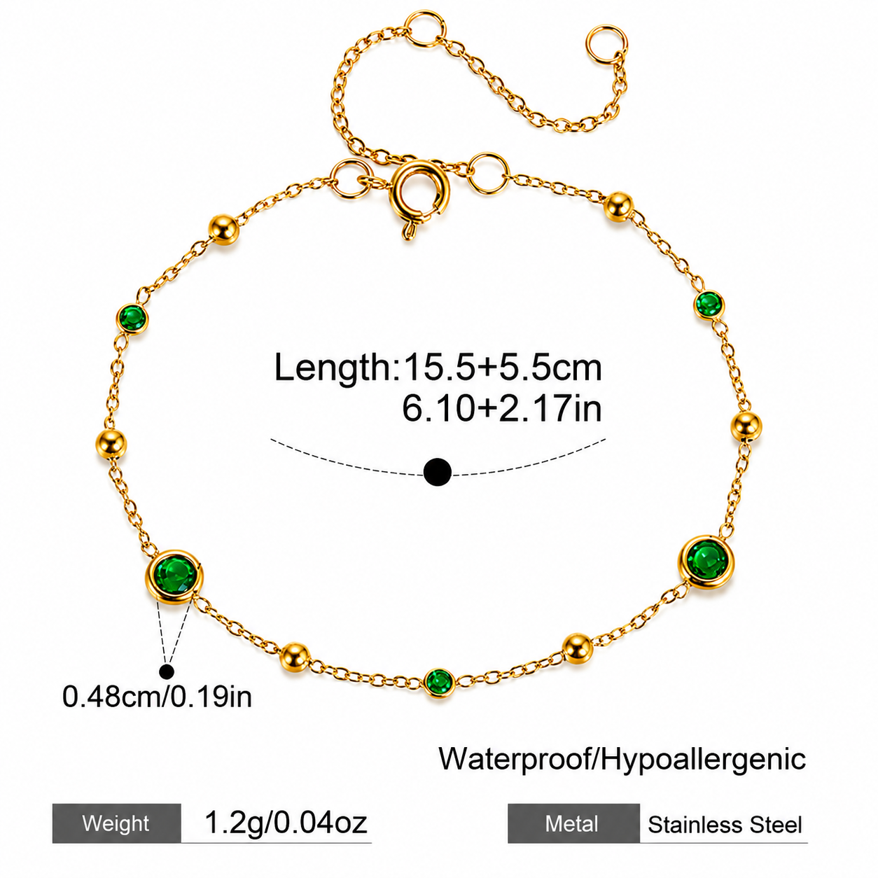 Emerald Charm Bracelet – 18K Gold Plated Stainless Steel
