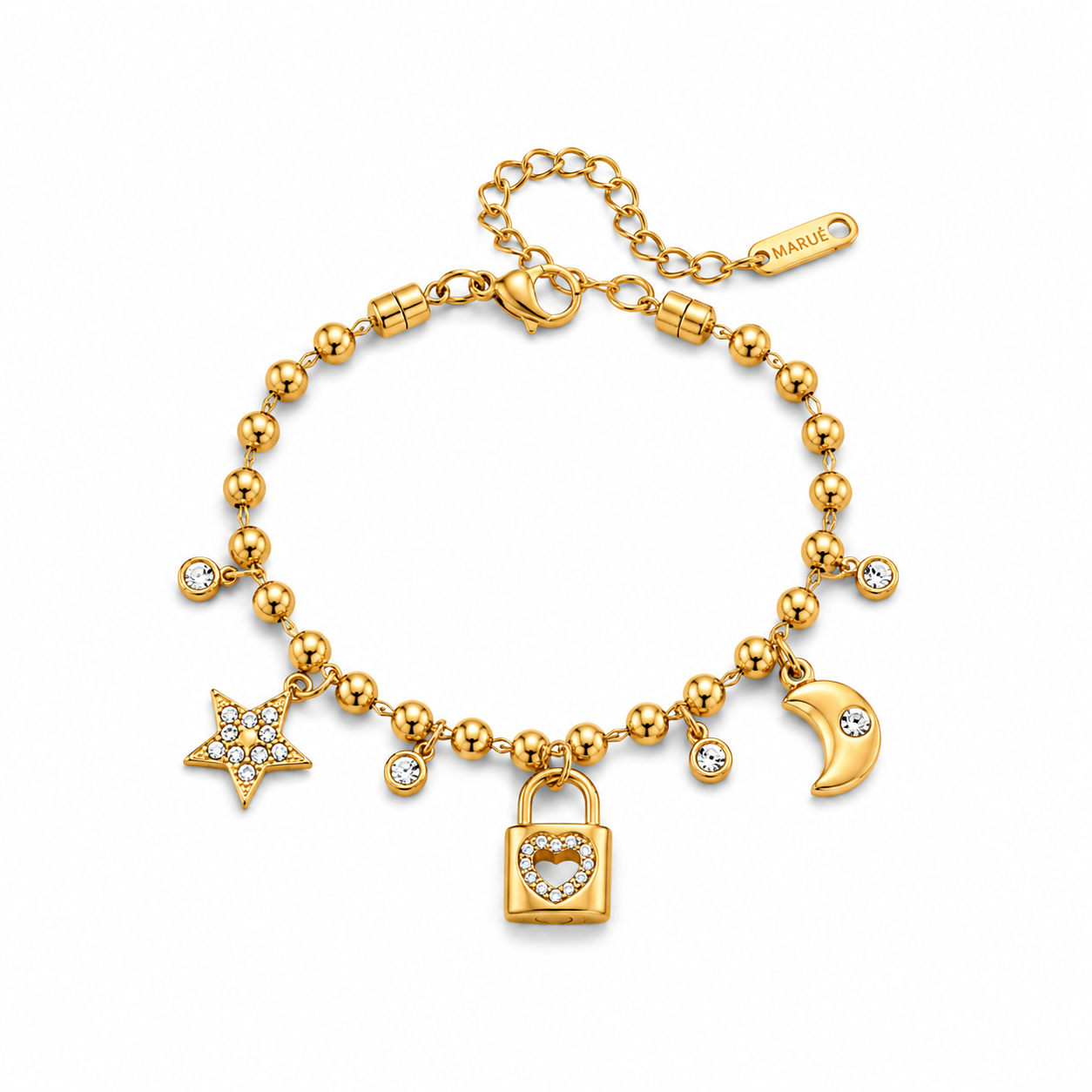 Bracelet – 18K Gold Plated Love Lock & Fleur De Lis Charm with White CZ Crystals