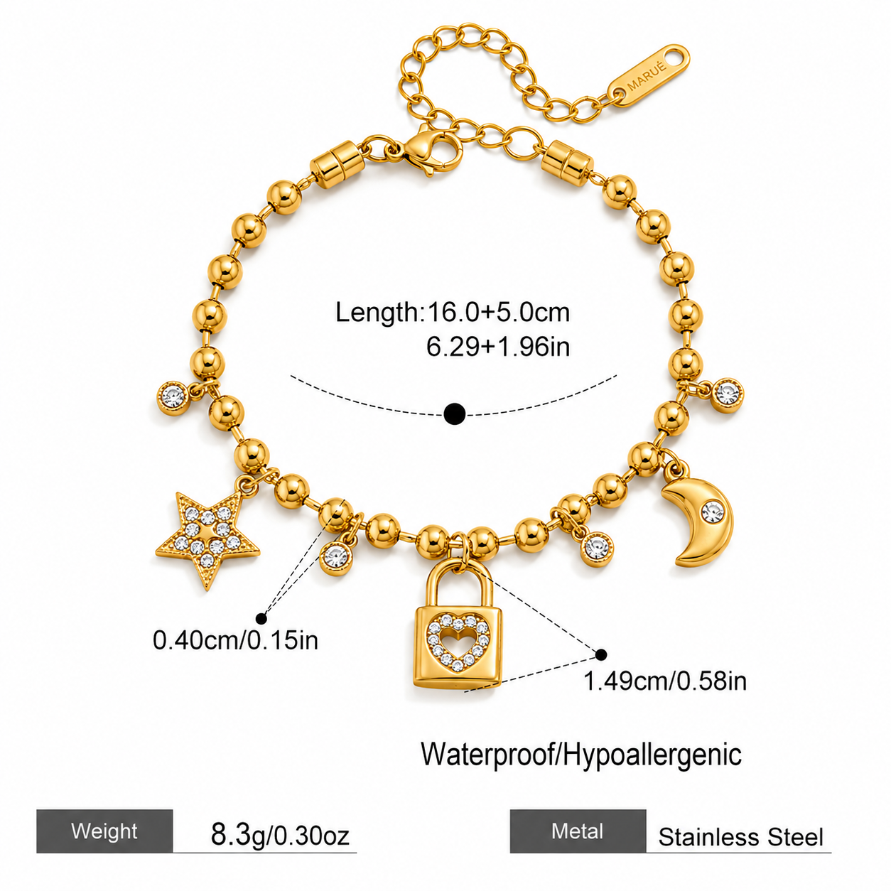 Bracelet – 18K Gold Plated Love Lock & Fleur De Lis Charm with White CZ Crystals