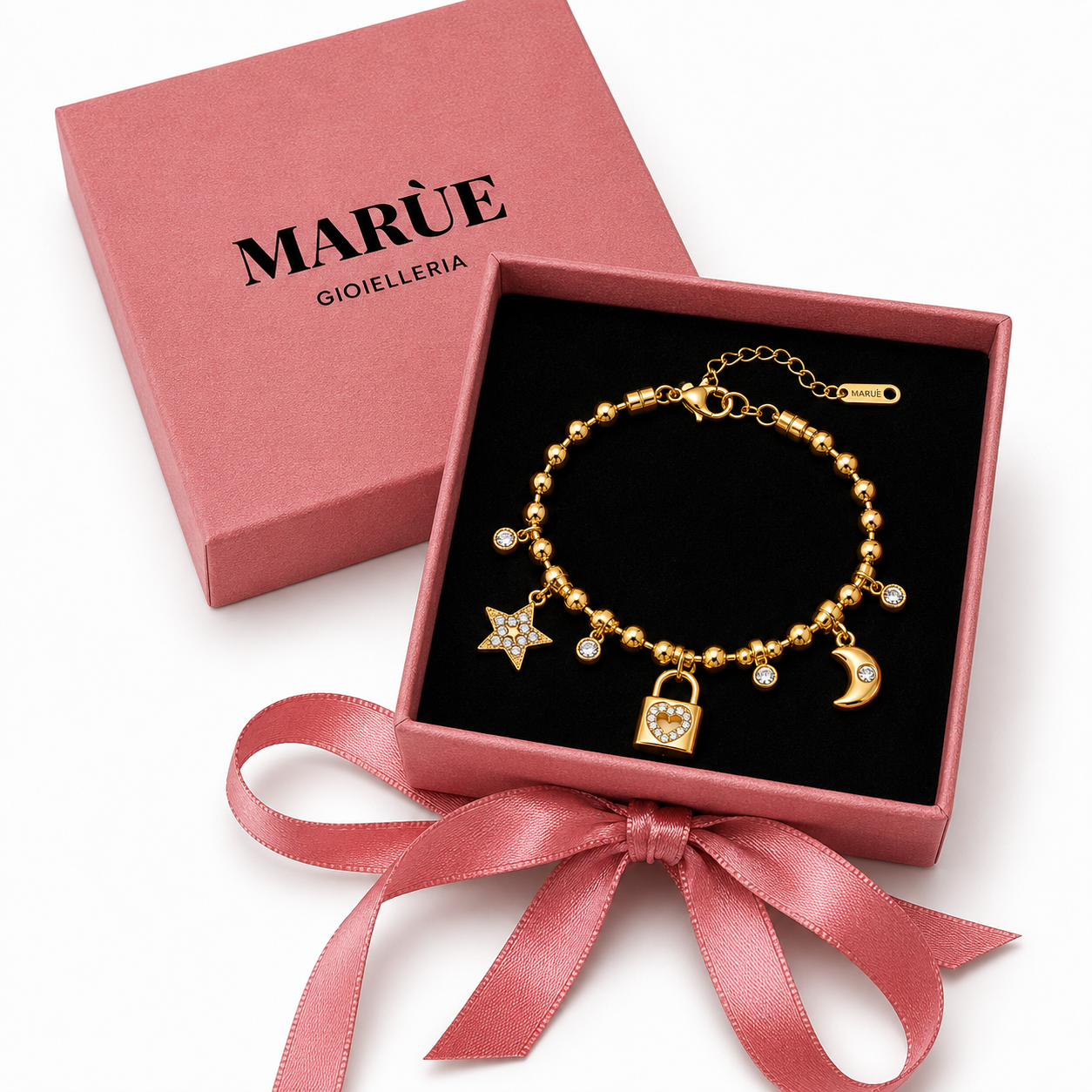 Bracelet – 18K Gold Plated Love Lock & Fleur De Lis Charm with White CZ Crystals