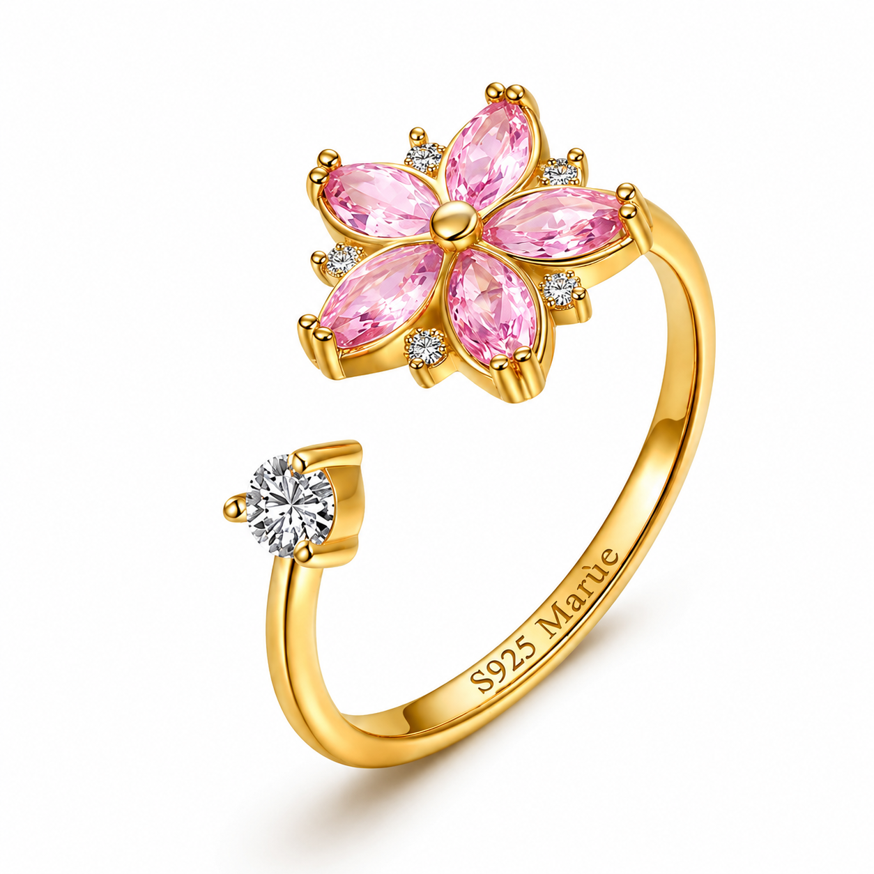 Pink Flower Adjustable Ring in 925 Sterling Silver with Crystal Accent