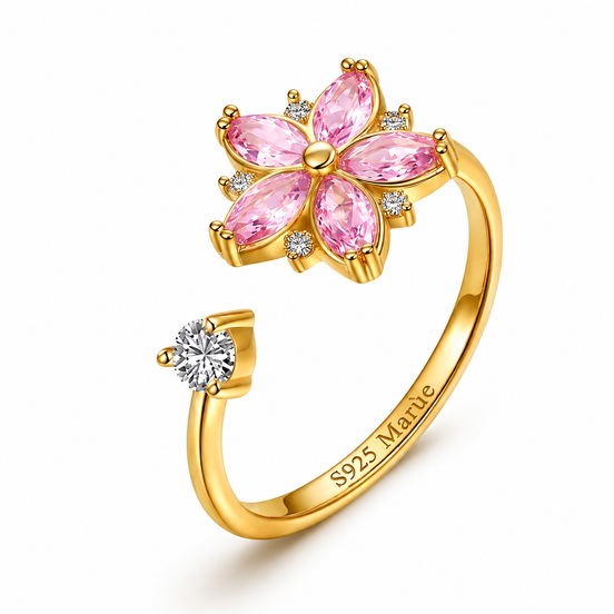 Anello regolabile fiore rosa in argento sterling 925 con accento di cristallo
