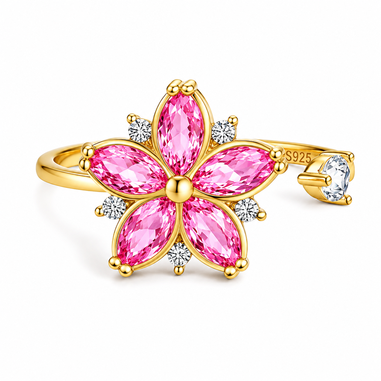 Pink Flower Adjustable Ring in 925 Sterling Silver with Crystal Accent