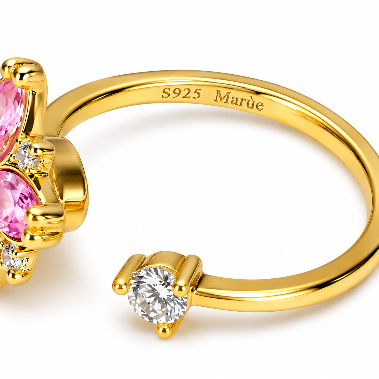 Pink Flower Adjustable Ring in 925 Sterling Silver with Crystal Accent
