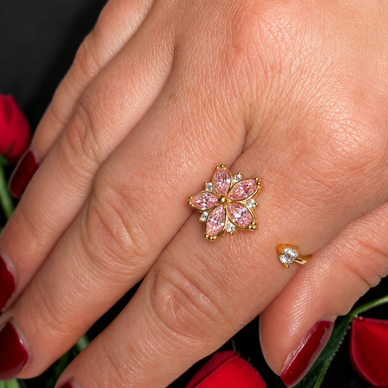 Pink Flower Adjustable Ring in 925 Sterling Silver with Crystal Accent